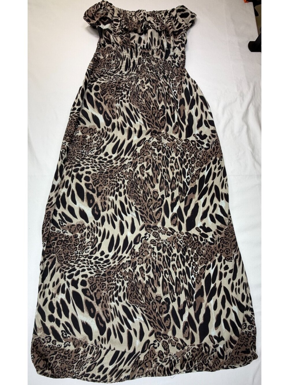 579 Women's  Fit & Flare Dress Off Shoulder Rayon Animal Print Size S Brown